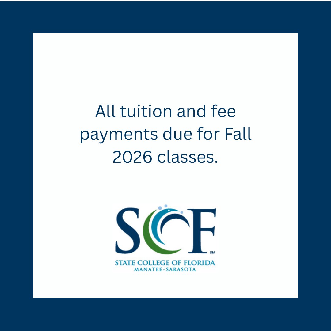 SCFnow's tweet photo. ⏰ Reminder: TOMORROW, Monday, July 27, is the last day to pay tuition and fees for Fall 2026 full-term classes. Payments not received by this date may result in your classes being dropped for nonpayment. 

#SCF #SCFAcademics #TuitionDeadline https://t.co/goyeBvrd2X