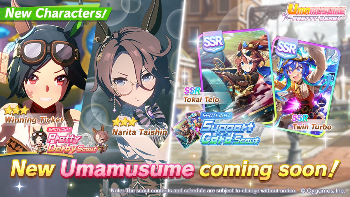 umamusume_eng's tweet photo. 📢 New characters are on their way to debut on Jul 27 (UTC):

🥕 3★ Winning Ticket and 3★ Narita Taishin will appear in the Pretty Derby Scout!
🤝 SSR Tokai Teio and SSR Twin Turbo will also appear in the Support Card Scout!

#Umamusume https://t.co/fsGuELIqEV
