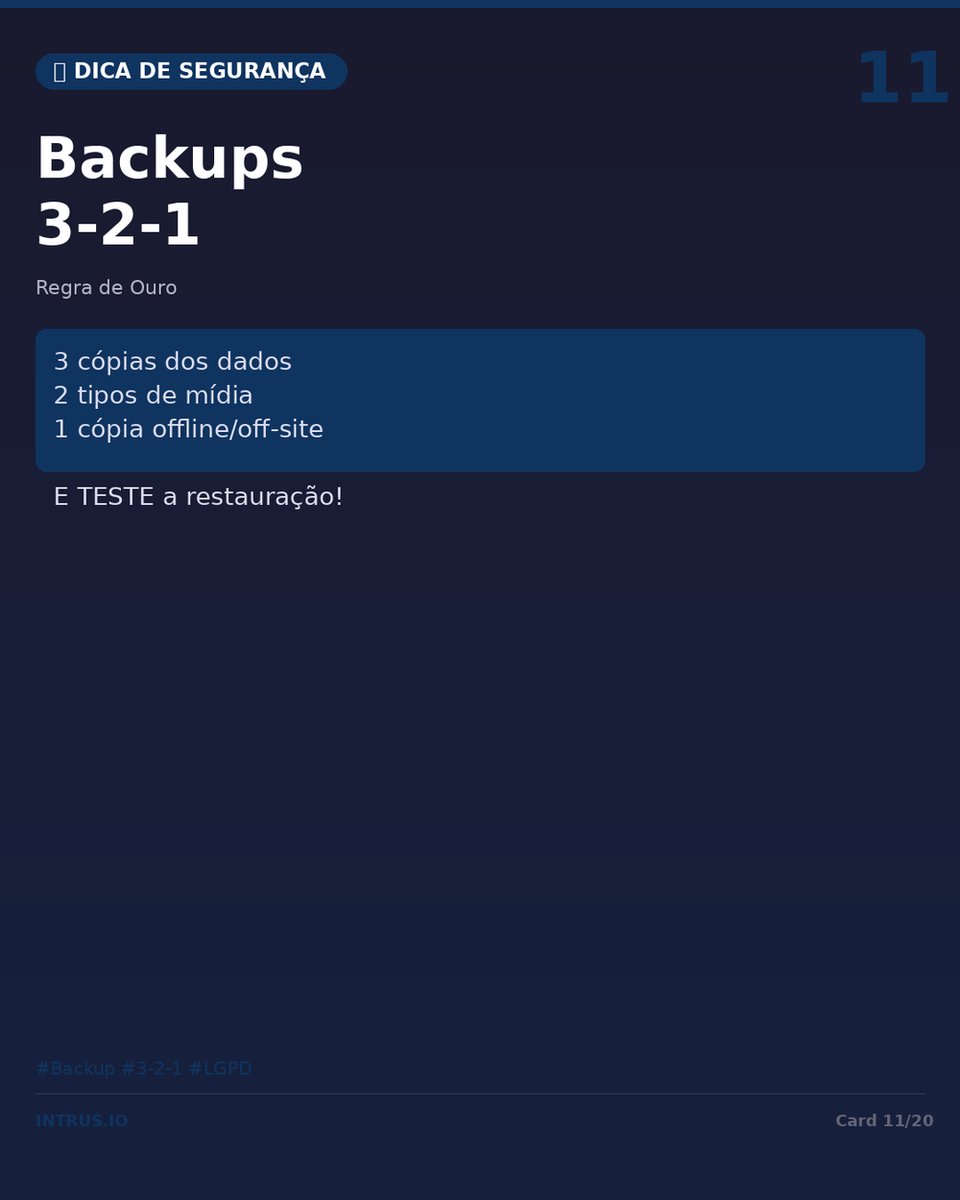 Douglas01284182's tweet photo. 🔐 Regra 3-2-1: 3 cópias, 2 mídias, 1 offline. Teste a restauração!
#Backup #LGPD #DicaDeSegurança https://t.co/sB6D0sCbuv