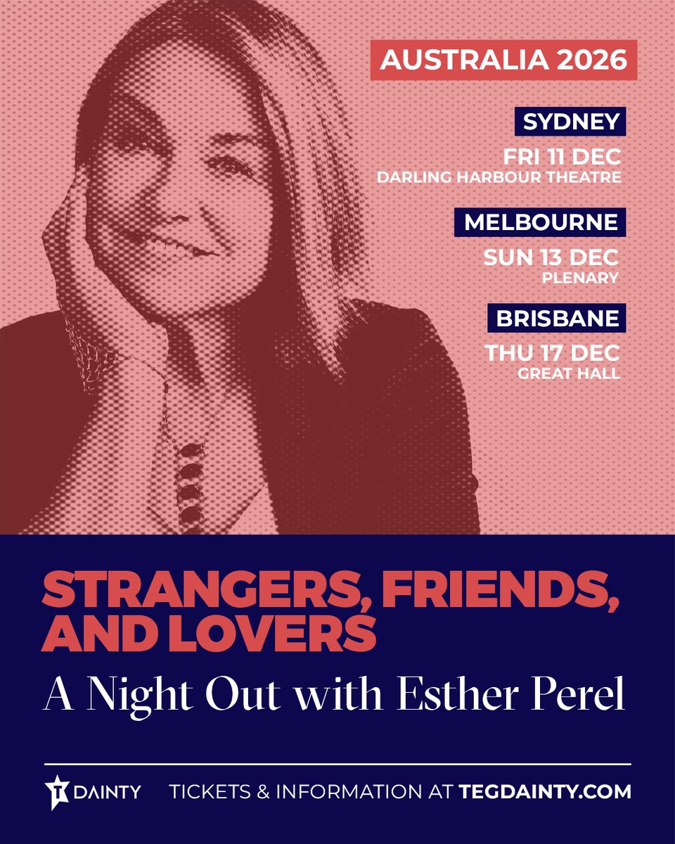 Ticketek_AU's tweet photo. JUST ANNOUNCED | Strangers, Friends, and Lovers: A Night Out with @EstherPerel! ✨

Join iconic psychotherapist Esther Perel for a once-in-a-lifetime immersive adventure designed to reawaken the social animal within. This new experience revives our forgotten rituals of connection, and asks: what if the future of our relationships begins in a room full of strangers?

📝 Join the MyTicketek waitlist to gain presale access to tickets on Thursday 30 July! https://t.co/VSCZUlW5fn