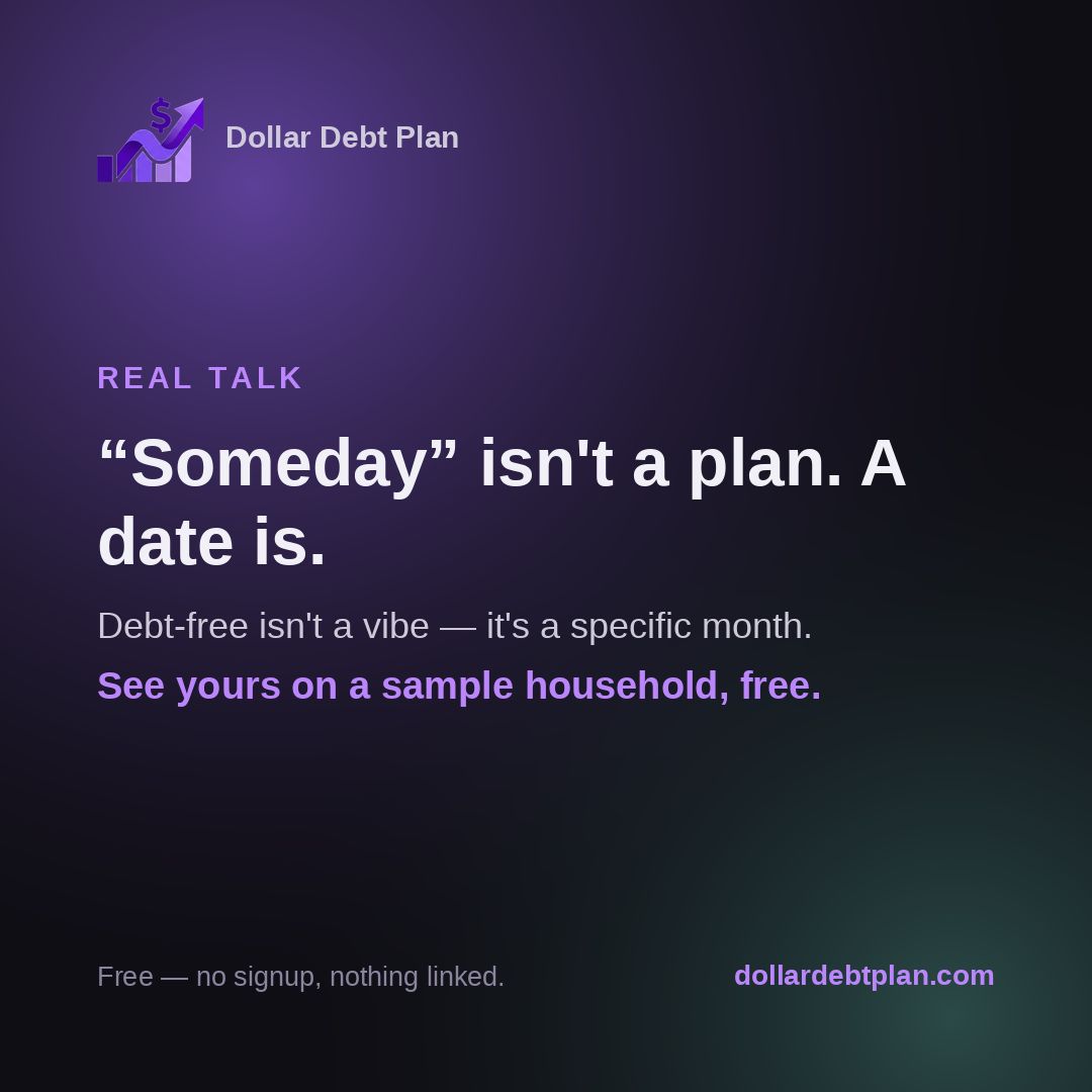 DollarDebtPlan's tweet photo. "I'll be debt-free someday" is a wish. "March 2028" is a plan.

The difference is one screen that turns your real numbers into a real date — and shows you how to pull it closer. Free, no signup: https://t.co/j7jKWEgmTo https://t.co/ZUW0i77ODb