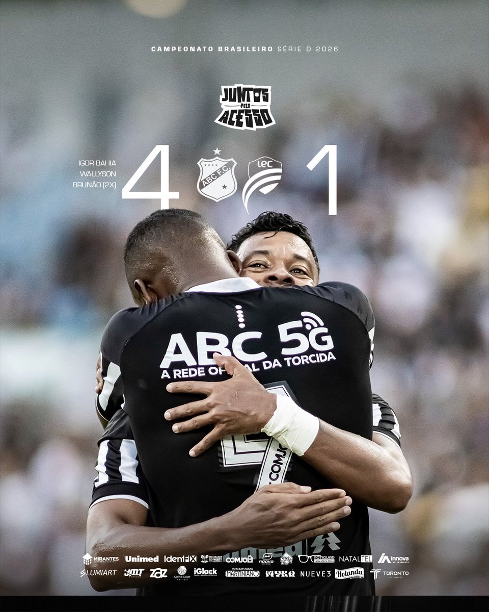 ABCFC's tweet photo. QUE VITÓRIA! AQUI É ABC! ESTAMOS CLASSIFICADOS E SEGUIMOS JUNTOS PELO ACESSO!!!

Fim de jogo na Arena das Dunas:

ABC 4 x 1 Luverdense/MT

Os gols da vitória foram marcados por Brunão (2), Igor Bahia e Wallyson. Douglas fez para os visitantes.

#ABCFC
#JuntosPeloAcesso
#BrasileiroSérieD2026