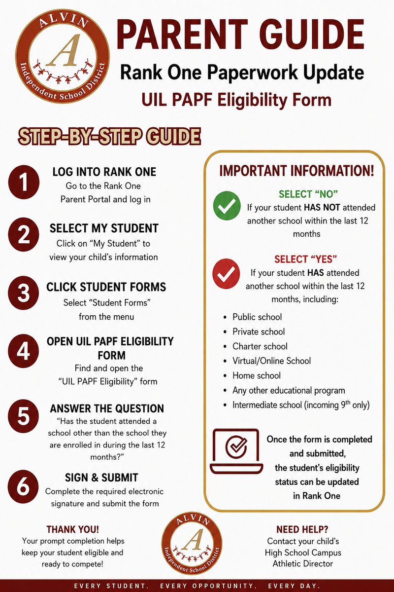 AlvinISDAth's tweet photo. 📣 Reminder, AISD Families!

Don't wait—complete your Parent Athletic Participation Forms (PAPFs) before the first day of practice.

✅ Be cleared to participate
✅ Avoid delays
✅ Get game ready!

#AISDAthletics #GameReady #PAPF https://t.co/sfAZFtqyTH