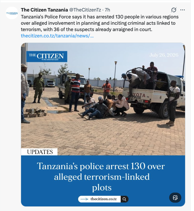 lifeofmshaba's tweet photo. Tanzania is not safe, The Government is quitely dealing with terrorism 130 

for tourists, stay away

SECURITY ALERT for Tanzania https://t.co/WGkdbNP2jc