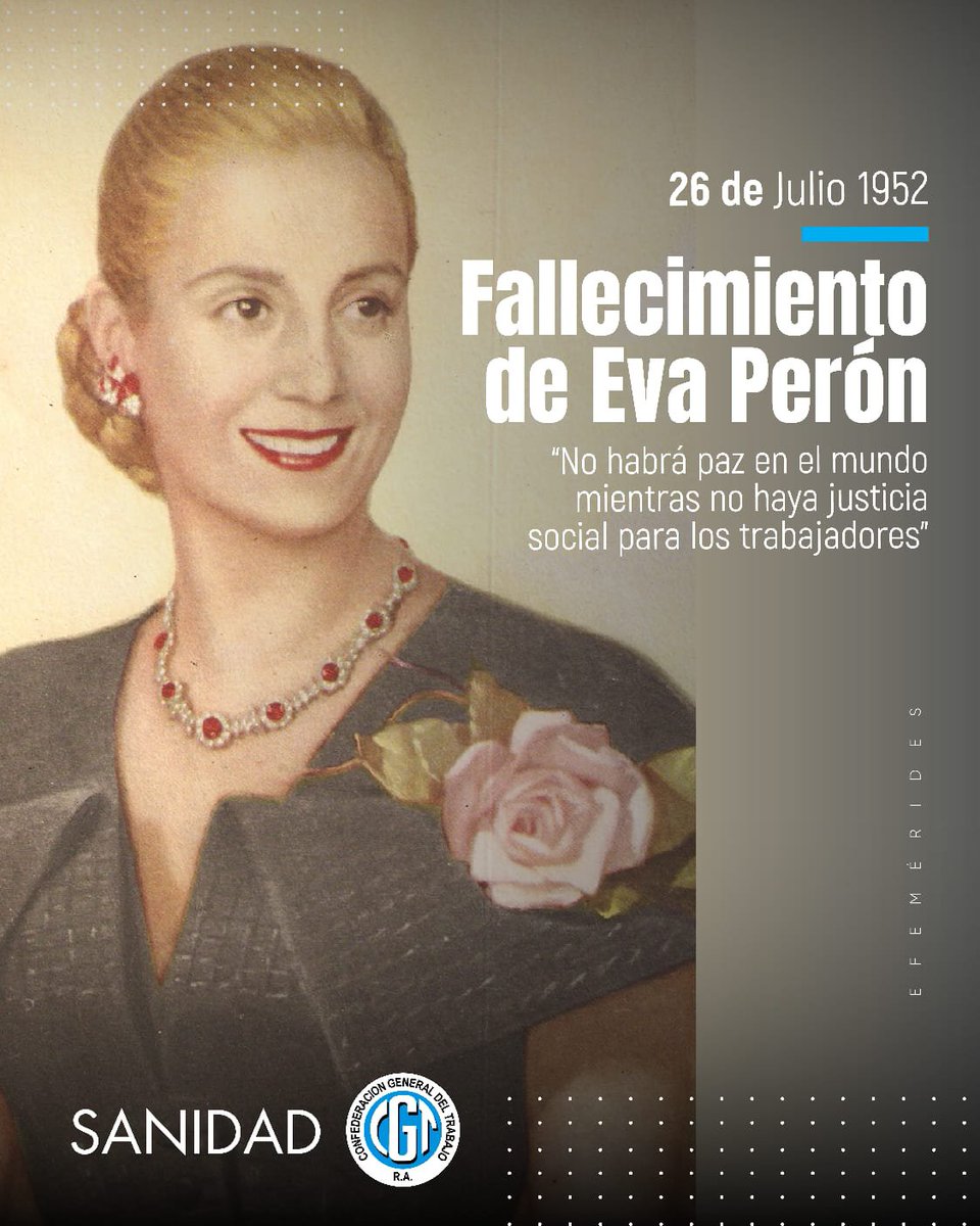 hectordaer's tweet photo. A 74 años del paso a la inmortalidad de Eva Perón, recordamos a una mujer que hizo de la justicia social una causa de vida y que dejó una huella imborrable en la historia de los trabajadores y trabajadoras argentinos y de nuestro país. Su legado de solidaridad, dignidad y compromiso con los más necesitados sigue vigente.