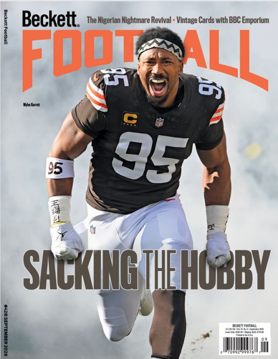 RyanWrightRNG's tweet photo. Hitting mailboxes already - the sweet September issue of Beckett Football featuring Myles Garrett on the cover. Features on 2026 sack artists, Christian Okoye, vintage interview with BBC Emporium, card pricing, and more! 

https://t.co/UolHKHoRZg #FootballCards #SportsCards #Beckett