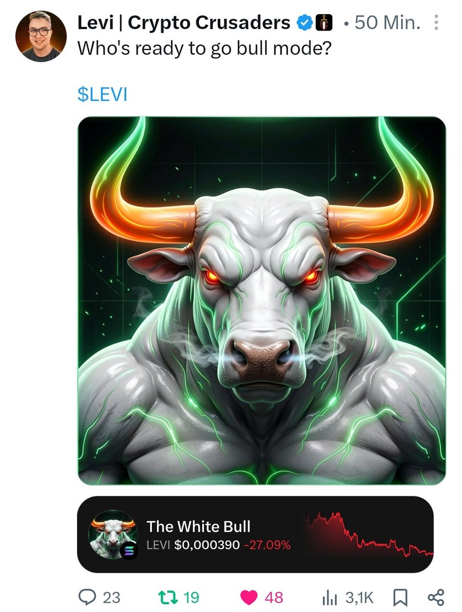 GigaLoudMachine's tweet photo. Who’s ready to go BULL MODE with $LEVI?! 
The White Bull is loading up… dips are just fuel for the next leg up!
Let’s charge together and send this thing to the moon   #LEVI #BullMode #Crypto https://t.co/8p21QBF6qu