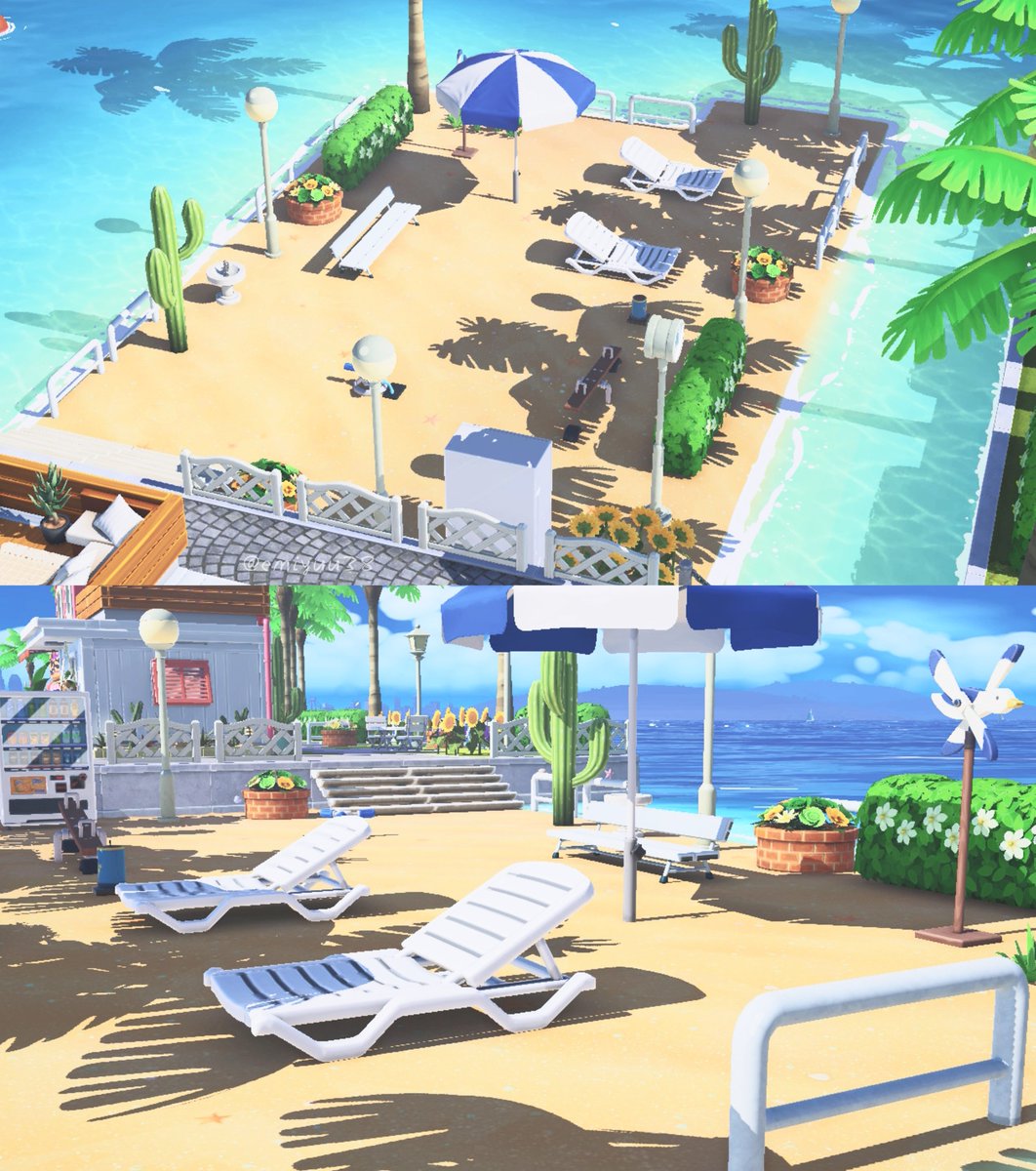 emiyuu38's tweet photo. おはようございます。
砂浜に公園を作りました。
海の近くなので色味は白と青、ビーチチェア等も置いて休める場所も多めにしてみました！
今週も暑さにお気をつけて、良い一週間を✧
#トモコレ #トモダチコレクション https://t.co/KICgzq7vaM