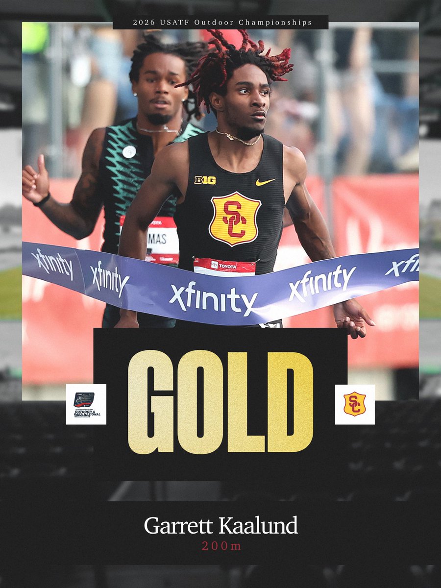 USC_Track_Field's tweet photo. GARRETT KAALUND. NATIONAL CHAMP. 🥇

Garrett Kaalund makes his return in winning style to win his first @usatf championship title in 20.04🔥

Alum Max Thomas earns the bronze medal in 20.29 ✌️ https://t.co/zuQvmcRAfw