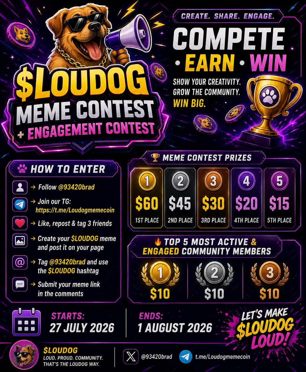 93420Brad's tweet photo. 💥 $LOUDOG MEME CONTEST 💥

Loudog memers, it’s your time. 🐶🔥

How to enter:
→ Follow @93420brad
→ Join our TG: https://t.co/m7Bm5bh9BE
→ Like, repost & tag 3 friends
→ Create your $LOUDOG meme and post it on your page
→ Tag @93420brad and use the $LOUDOG hashtag
→ Submit your meme link in the comments

🏆 Meme Contest Prizes
1️⃣ $60
2️⃣ $45
3️⃣ $30
4️⃣ $20
5️⃣ $15

🎯 Top 5 Most Active & Engaged Community Members
🥇 $10
🥈 $10
🥉 $10

📅 Starts: 27 July 2026
📅 Ends: 1 August 2026

Winners will be contacted via DM.

Bring it on, memers. 🐶🔥

#LOUDOG #Solana #MemeCoin #Crypto #CryptoCommunity #PumpFun #MemeContest