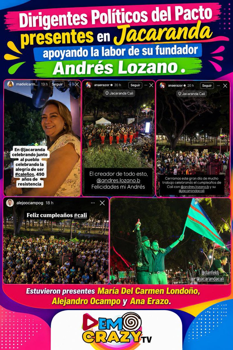 LAMONJACALI's tweet photo. Bendita! Respaldo a @QueDiceLozano .

Dirigentes del Pacto Histórico de #Cali estuvieron presentes en la celebración de los 490años de Cali que se llevó a cabo en Jacaranda Bulevar del Río Cali .

En sus redes sociales @MariaCconcejala @AnaErazoR y @alejoocampog destacaron la labor que desarrolla @QueDiceLozano como fundador de Jaracanda . Este sector comercial y turístico ha sido fundamental en la reactivación económica de #Cali .
