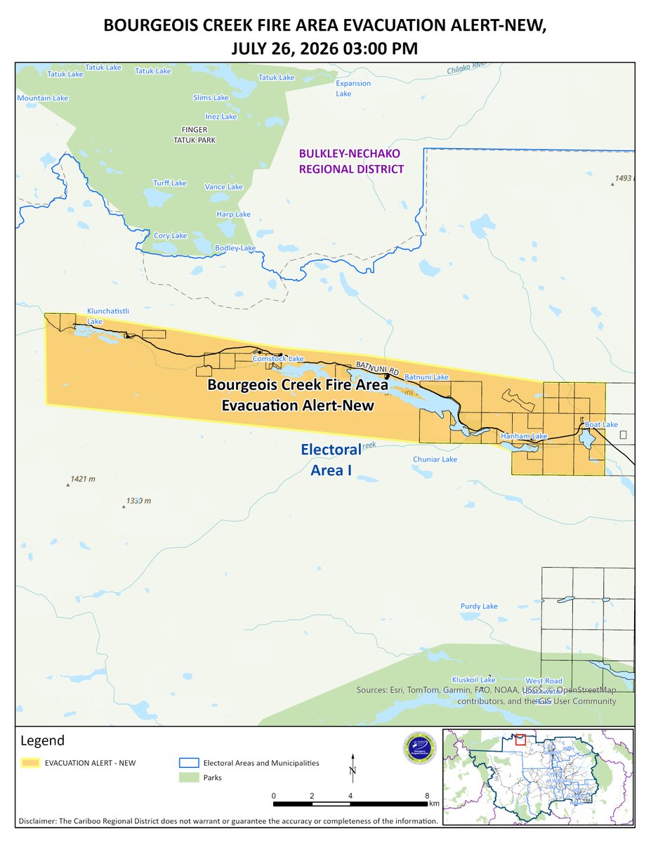 CaribooRD's tweet photo. The CRD has downgraded the Bourgeois Creek Fire Area Order to an Evacuation Alert. Residents can return home. Map: https://t.co/VyDeT6WbKX https://t.co/QCtKTgBduF