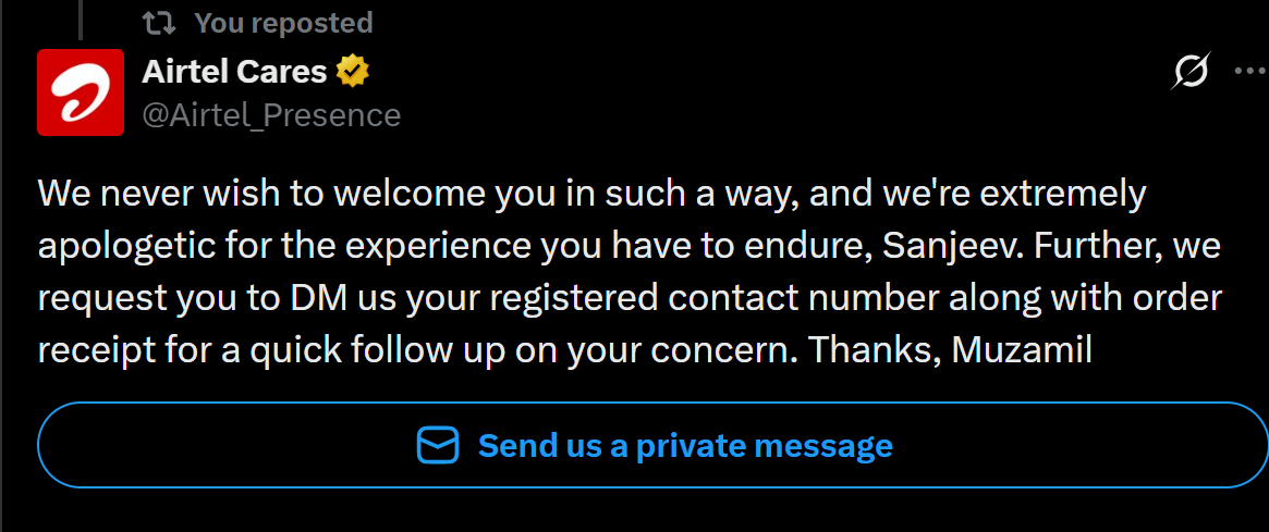 truly_sanjeev's tweet photo. @Airtel_Presence Does this even real ? or a bot replies as its been weeks and its not working. I privately messaged and didn't even get response neither form you or call from the team. Bravo ! https://t.co/O5Tkis2UNF