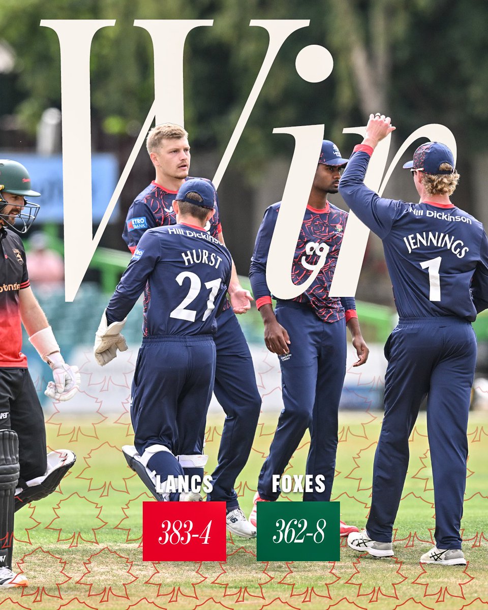 lancscricket's tweet photo. LANCASHIRE WIN BY 21 RUNS! 😍

The Red Rose come out on top in a dramatic clash at Grace Road, defending our strong work with the bat including a century from Keaton Jennings.

🌹 #RedRoseTogether https://t.co/7zpif1rEqk
