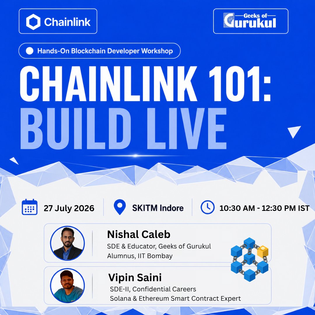 geeksofgurukul's tweet photo. 🚨 Hands-On Blockchain Workshop

Chainlink 101: Build Live 🔗
📍 SKITM Indore | ⏰ 10:30 AM IST

Don't just learn blockchain. BUILD it. 🛠️

🎓 IIT Bombay Alumnus + ETH/Solana Expert in the room.

@chainlink  @Chainlink_IN  @bsilagani  @SKITM

#Chainlink #Web3 #Blockchain #GoG https://t.co/W8bEmd3Yu6