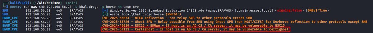 al3x_n3ff's tweet photo. Detect the Certighost with NetExec🔥

Thanks to @Xed_sama, the enum_cve module of NetExec will now detect if a host has not been patched and is potentially vulnerable to the Certighost vulnerability (CVE-2026-54121)🚀 https://t.co/K7Y5hcWYmE