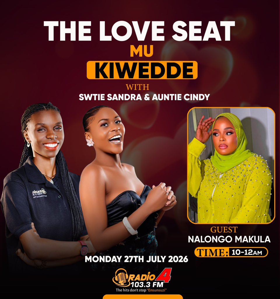 Radio4UG's tweet photo. Join us on the Love Seat as we welcome social media Senga, Nalongo Makula for an exciting conversation about love, relationships, and everything in between.

Hosted by @SandraSwtie and @AuntCindy22

Make a date with us on 103.3 FM - Ensunsuzi. ❤️

#Radio4LoveSeat || #Radio4UG https://t.co/RrZdBlvxc7