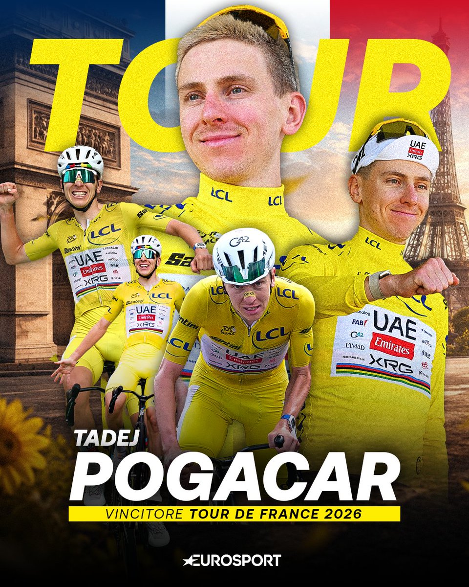 Eurosport_IT's tweet photo. TADEJ POGACAR VINCE IL TOUR DE FRANCE 2026 🏆💛

Lo sloveno centra il quinto successo al Tour con una prestazione esagerata!
Noi siamo sempre di più senza parole, 𝐜𝐡𝐚𝐩𝐞𝐚𝐮 𝐓𝐚𝐝𝐞𝐣 🎩👏

#Ciclismo #Cycling #TourdeFrance #TDF2026 #Pogacar https://t.co/tskZ58roOX