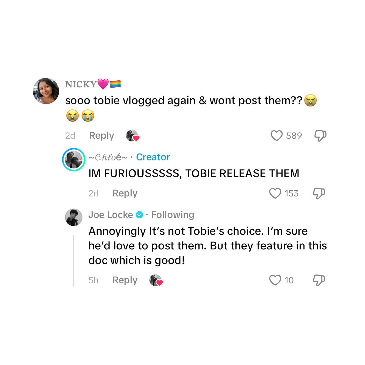 dailyjlocke's tweet photo. joe locke informs a fan on tiktok that it is not tobie donovan's choice to not release the "heartstopper" vlogs https://t.co/t8A9p9YFIV