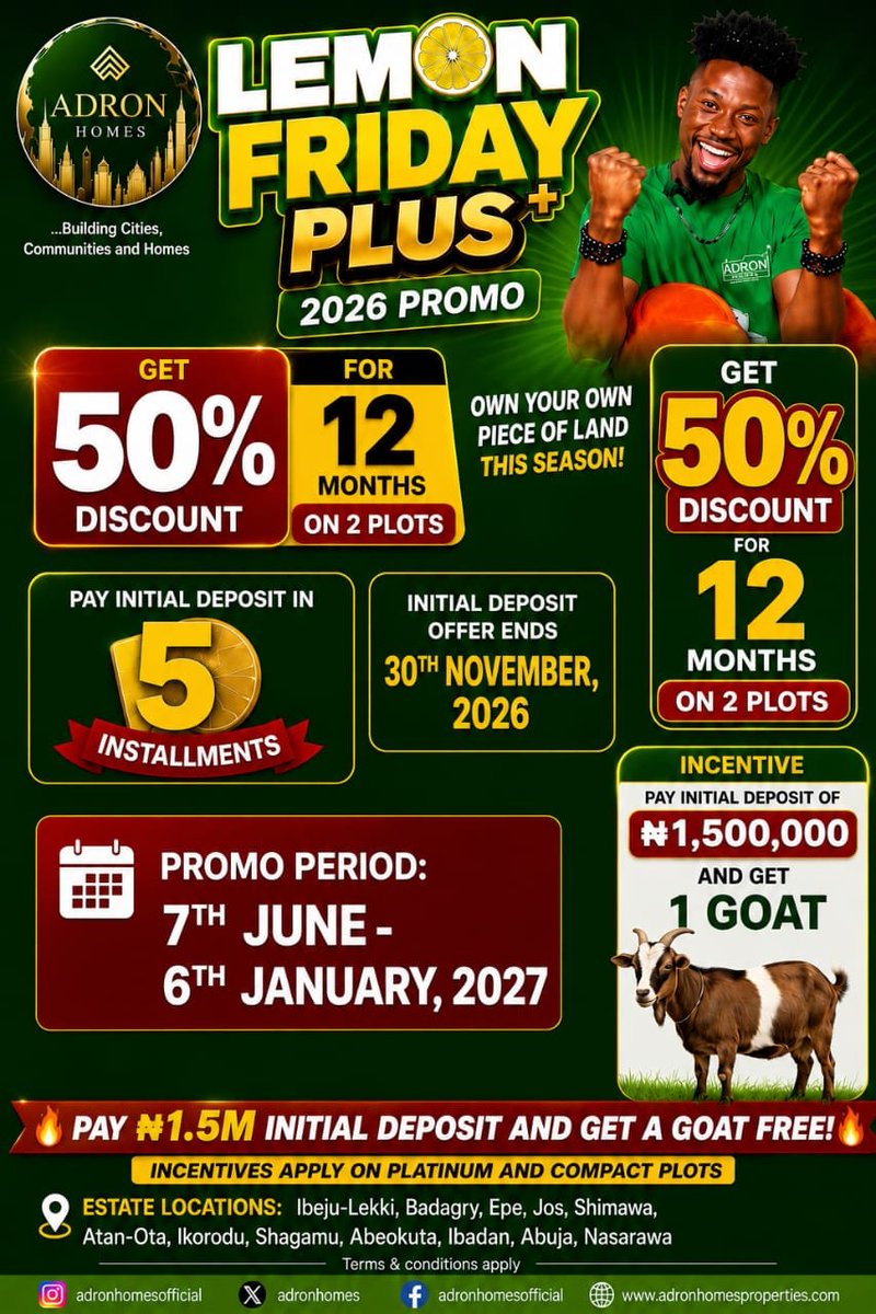 GMAIDSUSTAeb's tweet photo. It lemon Friday plus offer.

Enjoy up to 50% discount in any of Adron Estate Nationwide.

📞 08138229846;08061767895 https://t.co/5oFXQdgqVw