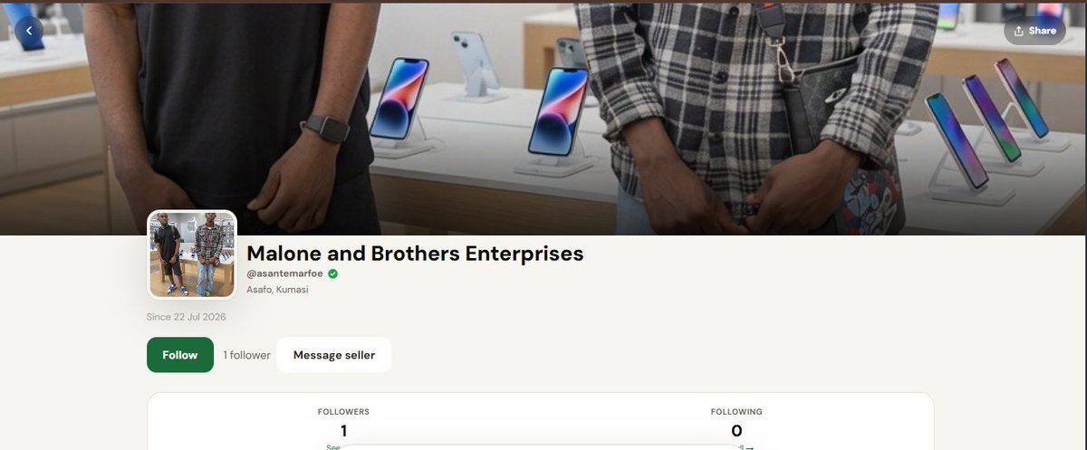 kevkingforever's tweet photo. Vendors can now get their Ghana Card verification done easily on https://t.co/RgY9aYtpEA and show the checkmark on their storefront so buyers know they’re real (verified storefront account checkmark in screenshot).

If you’re not verified yet, you can do it now.
Watch the replay: https://t.co/D1FdGPF8mG