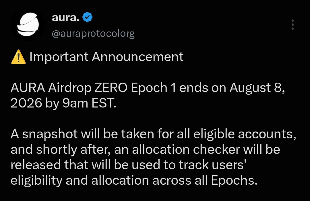 9Xvenom's tweet photo. 🔔 If you're working on the @auraprotocolorg Airdrop, don't miss this important update 🪂

→Epoch 1 ends: August 8, 2026
→ A snapshot will be taken for all eligible accounts. 
→After the snapshot, Aura will launch an allocation checker so users can track their eligibility and allocations across all epochs.

📌 Important Notes

→ Aura will perform Sybil and bot checks before every snapshot.
→ Fake, spam, and malicious accounts may be removed before rewards are calculated. 
→ Stay active and avoid suspicious activity.

📌 After All 4 Epochs

Your final $AURA allocation will depend on:

→Overall participation across all epochs 
→ Consistency of your activity 
→ Authentic engagement and conversations

This means staying active throughout the campaign is more important than completing tasks only once.

If you're already participating in Aura, keep using the platform until Epoch 1 ends and stay consistent for the remaining epochs.

📌 I attached guide for you if you haven't look out AURA Testnet 👇🏻 
https://t.co/tj6JeN9PpI

📌 Follow @9Xvenom for more airdrop updates and guides.