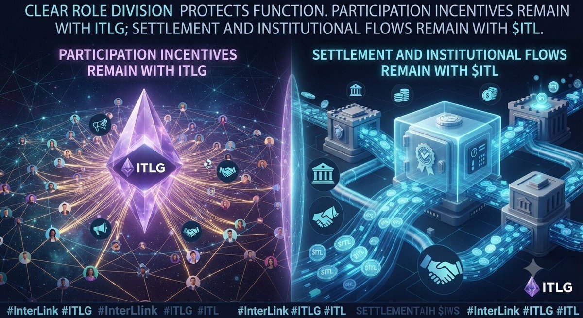BBukch42285's tweet photo. Clear role division protects function. Participation incentives remain with ITLG; settlement and institutional flows remain with $ITL. #InterLink #ITLG #ITL https://t.co/SCUPx9X9gV