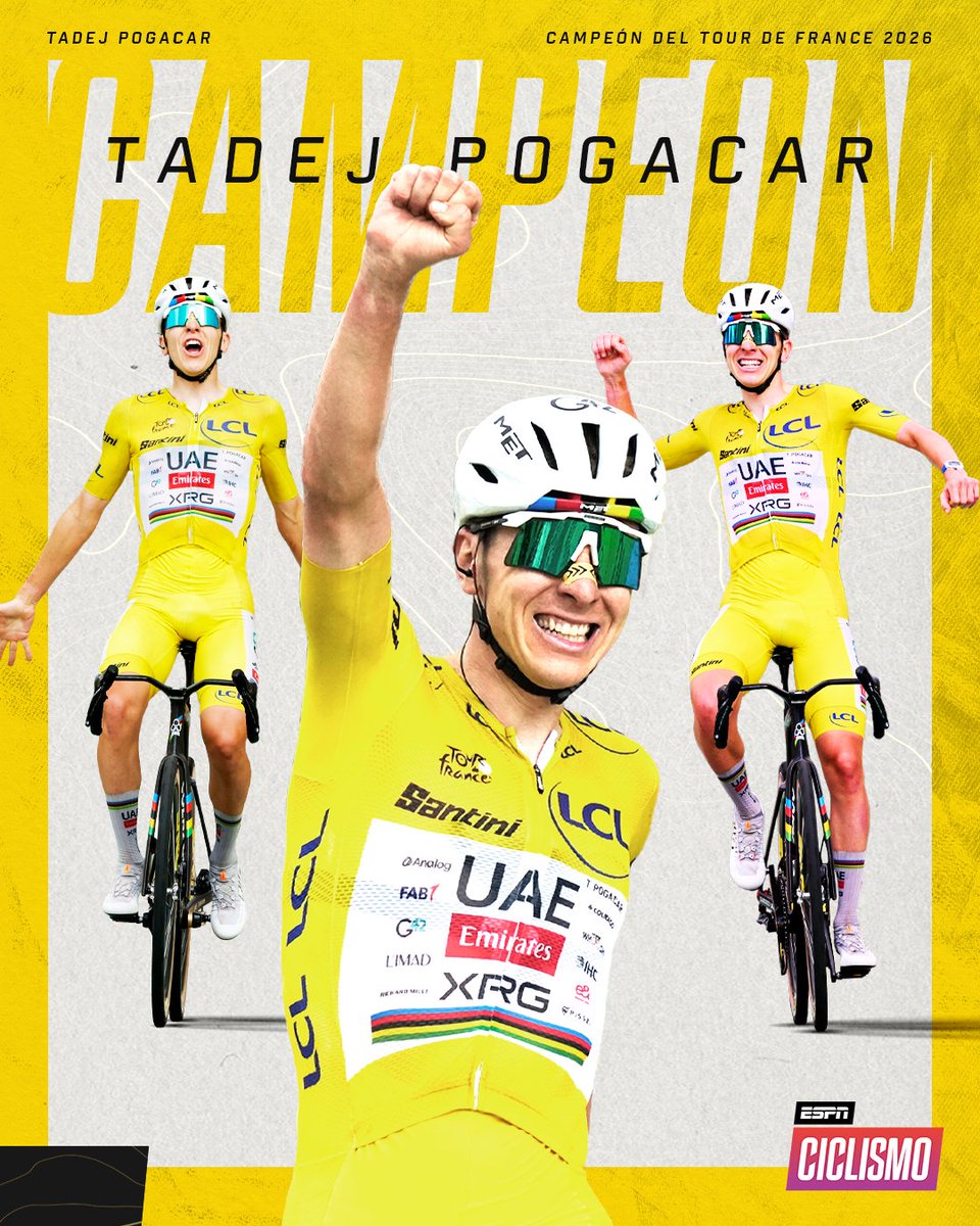 ESPNCiclismo's tweet photo. ¡TADEJ POGACAR SIGUE HACIENDO HISTORIA! 🐐

El esloveno se consagró campeón del #TDF2026 e igualó a Anquetil, Merckx, Hinault y a Indurain cómo máximo ganador de la Grande Boucle. ¡Y SOLO TIENE 27 AÑOS! 🔥

¿Crees que es el mejor ciclista de la historia? 🤔 https://t.co/oheNUYBdCd