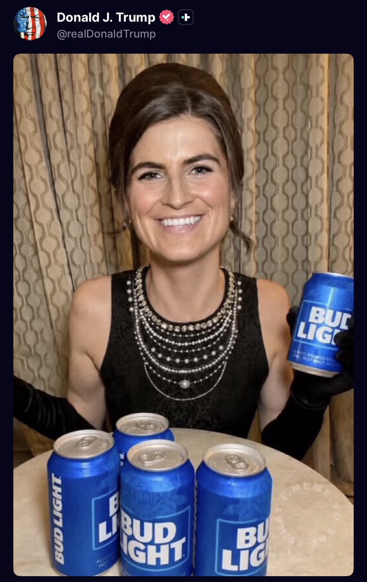 MEMECOLLEKTOR's tweet photo. The Original Roast:
During his address to members of the press, Trump singled out CNN White House correspondent Kaitlan Collins. After commenting that she "never smiles," he delivered a roast-style joke about her appearance: 

Trump- "I thought Kaitlan had really made it big with a major new sponsorship, but then I informed her that it wasn't her on the Bud Light can, it was Dylan Mulvaney."

Me-  “Kaitlan finally got that big sponsorship… turns out it was just a case of mistaken identity.”