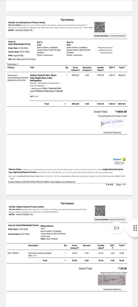 copamitdubey's tweet photo. @Flipkart Order OD337898446580739100: Refund cancelled due to “serial mismatch” in YOUR records, while the same product was delivered by you. Worse, I paid ₹9,595 COD but invoices total only ₹8761! Where is the bill for ₹834? Fix the return, refund & invoice NOW. #FlipkartFail https://t.co/OCTUig2HGe