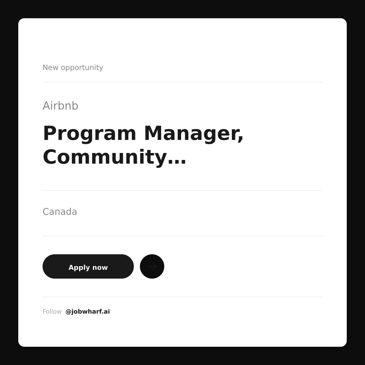 jobwharf's tweet photo. Hiring now: Program Manager, Community Support
Apply  ➜ https://t.co/Vixyx1PuLm

Airbnb
📍 Canada
💰 Salary negotiable

#programmanager #airbnbjobs #hiring #jobsearch #management https://t.co/THR6cvZywt