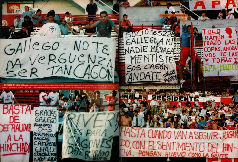 Goles_Match's tweet photo. Banderas en el Monumental en el Clausura 2001 en contra de Gallego y pidiendo la vuelta de Ramón Díaz https://t.co/rvLxiLuCY0