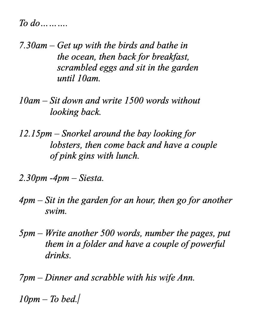 oldstocky's tweet photo. Ian Fleming’s typical day at his estate in Jamaica where he wrote all his James Bond stories, need to emulate this https://t.co/d43RdMtS0U