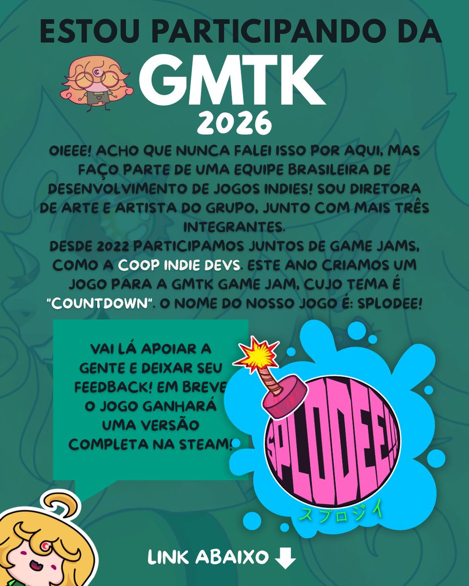 Yorogrr's tweet photo. SPLODEE!
.
.
.
.
#GMTK2026 #GMTKGameJam #GameJam #IndieGame #GameDev #IndieDev #GameDevBR #IndieDevBR #JogosBrasileiros #GameArtist #ArtDirector #SteamGame #Countdown #Gaming #MadeInBrazil https://t.co/OSkHJJaYBx