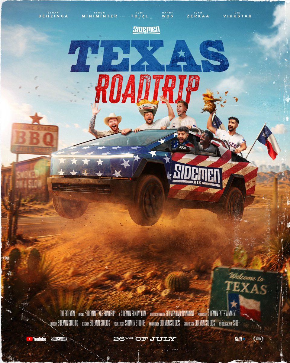 Sidemen's tweet photo. Time to hit the road 🇺🇸🤠 

Sidemen Texas Roadtrip is OUT NOW!! https://t.co/M1rMOyNRMe