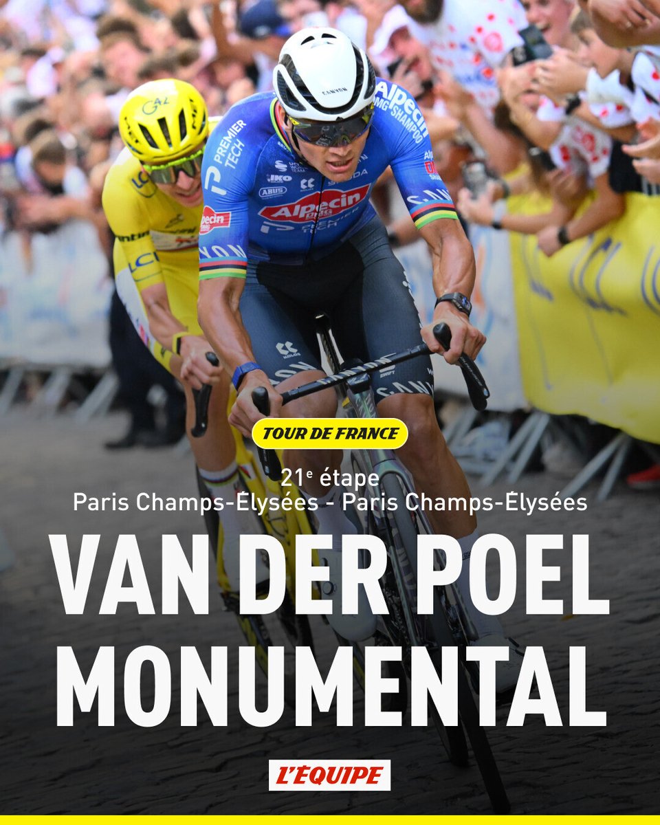 lequipe's tweet photo. À l'issue d'une bagarre époustouflante dans l'ambiance impressionnante de la Butte Montmartre, Mathieu Van der Poel a conquis la 21e et dernière étape du Tour de France. https://t.co/7JSNdm8EwS https://t.co/jhR4o3oeXl