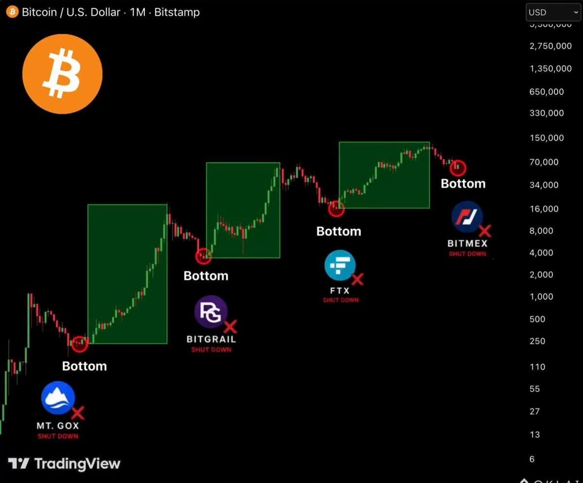 SmCrypto_bro's tweet photo. For years, every major exchange collapse has sparked the same reaction: panic, fear, and predictions that Bitcoin is finished.

Yet history has often told a different story.

Reports suggest BitMEX is shutting down after more than 11 years of operation. While headlines like this naturally create uncertainty, it's worth looking at what happened after previous industry-changing events.

📉 2014: Mt. Gox collapsed. Bitcoin found its cycle bottom just weeks later.

📉 2018: BitGrail shut down. Another market bottom followed shortly afterwards.

📉 2022: FTX imploded. Fear reached extreme levels, but that period ultimately became one of Bitcoin's most important accumulation zones.

Notice the pattern?

Major exchange failures have historically marked periods of maximum fear—exactly when many investors give up. But those same moments have often gone on to become the foundation for the next recovery.

That doesn't mean history will repeat itself exactly. Every market cycle is different, and no pattern guarantees the future.

Still, when everyone is focused on bad news, it can be worth asking a different question:

Is this another moment of panic... or the beginning of the next opportunity?

Stay patient. Watch the data, not just the headlines. Markets are built on cycles, and the biggest opportunities often appear when confidence is at its lowest.

This isn't financial advice. Always do your own research before making any investment decisions.

$BTC $NEXO $GMX #Bitcoin #Crypto #BitMEX