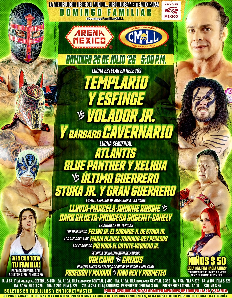 CMLL_OFICIAL's tweet photo. 🤩 ¡Es hoy, es hoy!
📍Arena México
🗓️ Domingo 26 de Julio '26
🕔 5:00 p.m.

🎟️ Boletos en taquillas y en Ticketmaster:
https://t.co/aasDDjs07J

📺 Transmisión EN VIVO en exclusiva para miembros ‘Leyenda’ del Canal: https://t.co/5P6Lo6oSLQ

#DomingoFamiliarCMLL https://t.co/qrgml4NR5Y