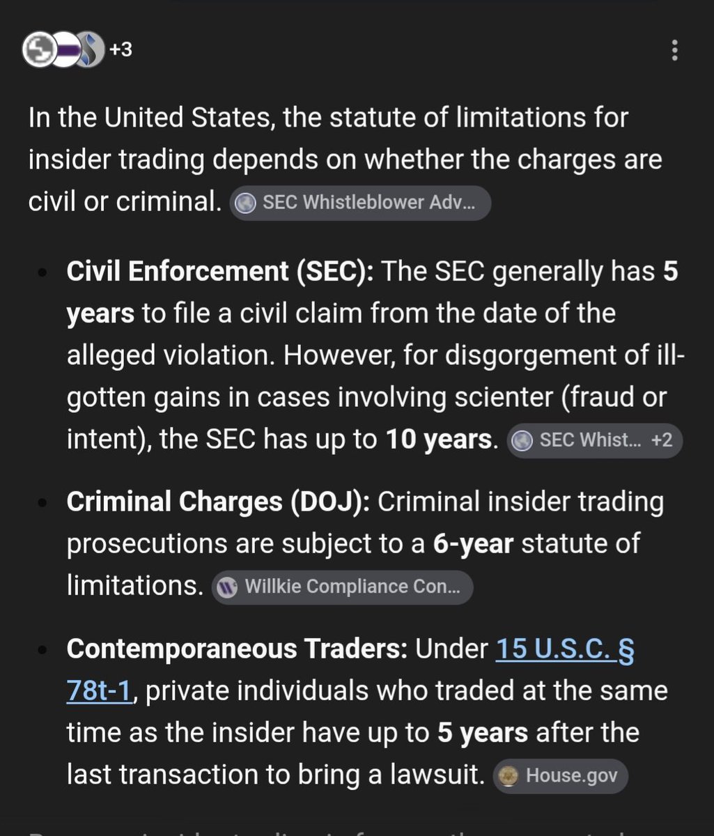 XrpRide's tweet photo. @Feeky1990 @therealbabacugs Statue of limitation on insider trading https://t.co/RdYOl5hFxO