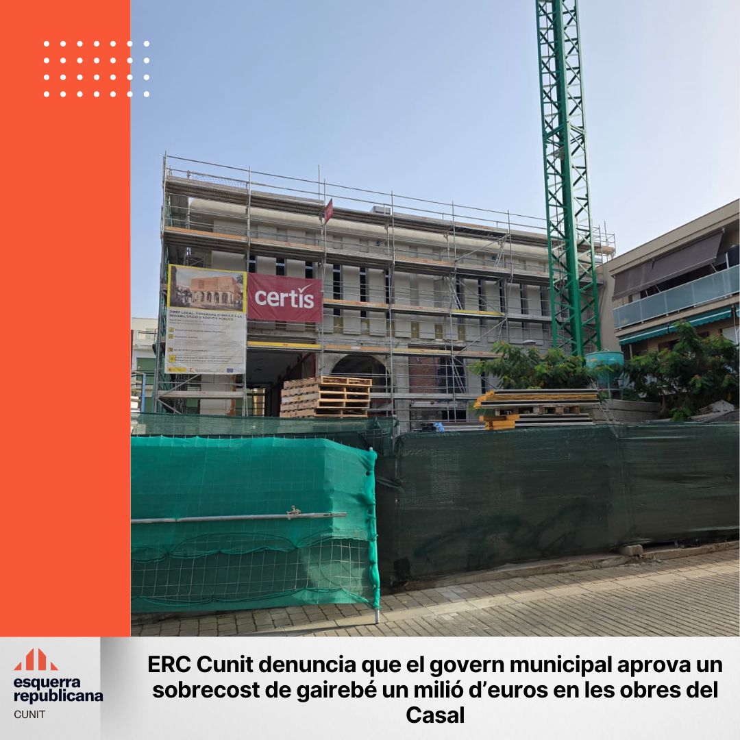ErcCunit's tweet photo. ⚠️ ERC Cunit denuncia que el govern municipal ha aprovat un sobrecost de 978.688,54 € en les obres del Casal, gairebé un 20% més del cost inicial.
🔗 Més informació: https://t.co/oWTmAIMLIA
#ERCCunit #Cunit #CasalMunicipal #Transparència https://t.co/k71JARpqiV