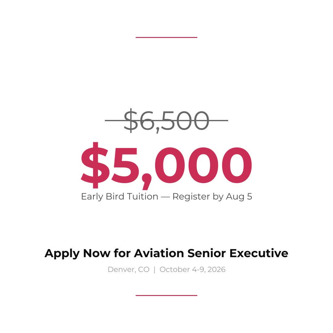EnoTrans's tweet photo. ASE early bird pricing ends Aug. 5. Apply by then to secure $5,000 tuition for Eno’s executive program for CEOs, COOs, senior deputies, and aviation authority leaders. Oct. 4–9, 2026 at DEN’s CEEA. Cohort capped at 36. #AirportLeadership https://t.co/Zhha3qExAA