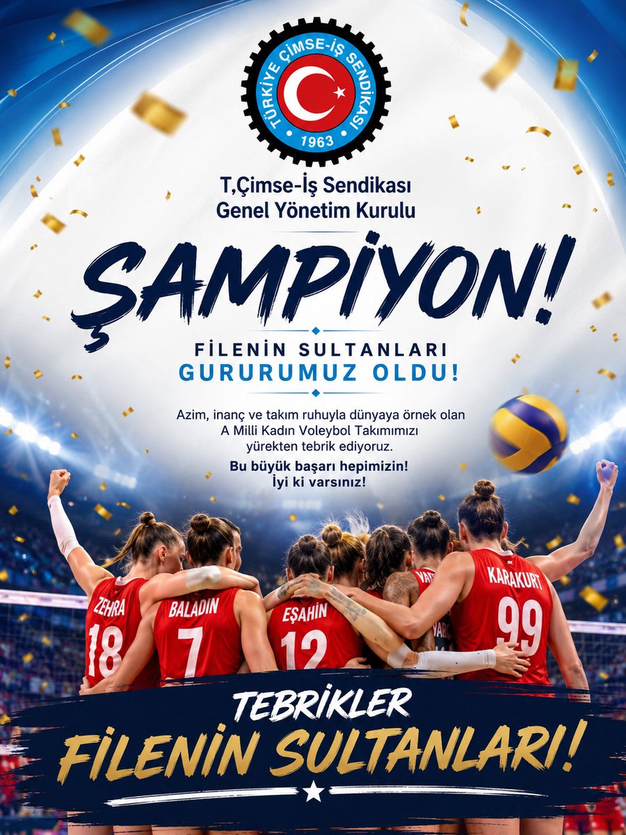 Cimseis's tweet photo. 2026 Voleybol Milletler Ligi'nde Dünya Şampiyonu olan A Milli Kadın Voleybol takımımızı kutluyor, 
Başarılarının devamını diliyoruz.

T. Çimse İş Sendikası 
Genel Yönetim Kurulu https://t.co/jYT1CEa7tN