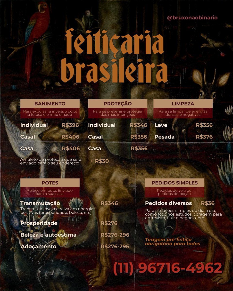 bruxonaobinario's tweet photo. — feitiçaria brasileira
· para energias densas (banimento, proteção, limpeza e transmutação)
· feitiços em pote para você ter em casa
· pedidos de vela para situações simples do dia a dia

todos autorais, criados a partir do conhecimento da nossa terra e oralidades https://t.co/ekUpj8MqQj