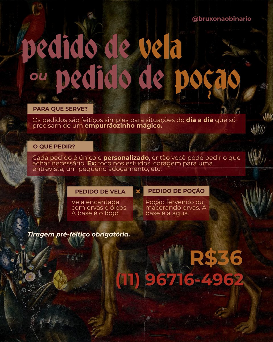 bruxonaobinario's tweet photo. — feitiçaria brasileira
· para energias densas (banimento, proteção, limpeza e transmutação)
· feitiços em pote para você ter em casa
· pedidos de vela para situações simples do dia a dia

todos autorais, criados a partir do conhecimento da nossa terra e oralidades https://t.co/ekUpj8MqQj
