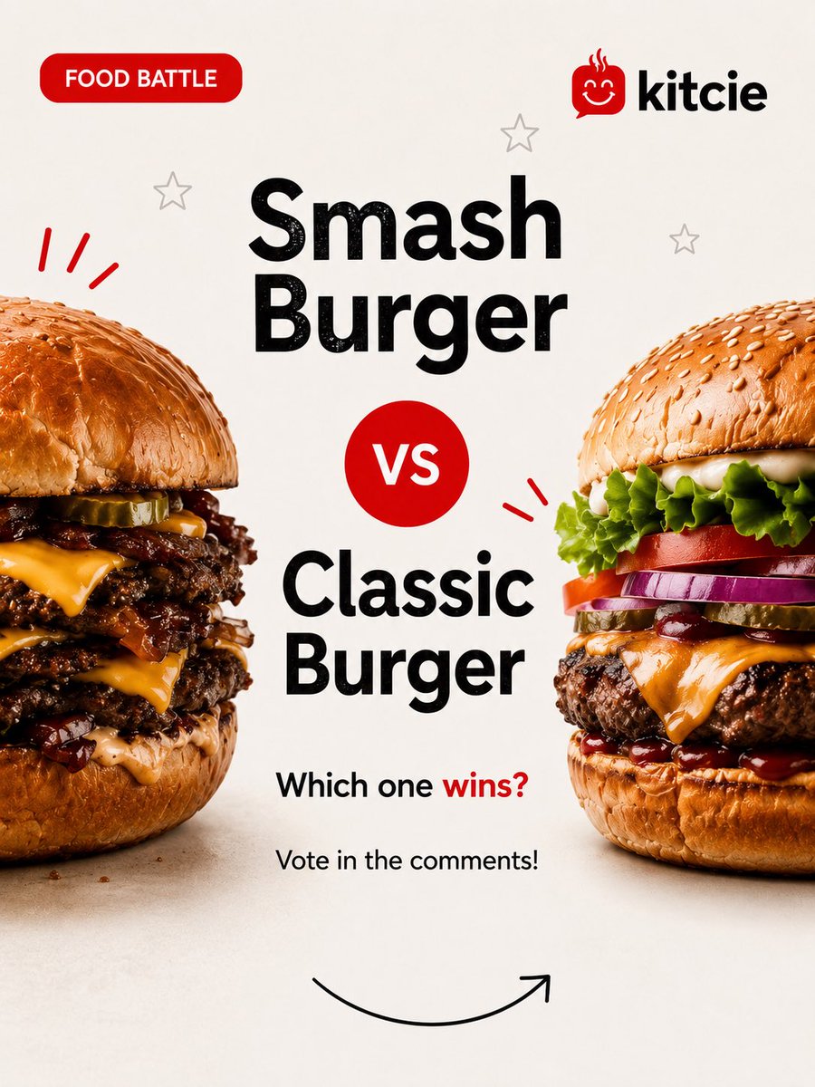 kitcieapp's tweet photo. 🍔 Smash Burger or Classic Burger?

Some people love the crispy edges and bold flavor of a smash burger.
Others will never give up the timeless taste of a classic burger.

There isn’t one right answer.
There is only your favorite.

👇 Tell us in the comments:
Team Smash or Team Classic?

Discover what to eat.
Real dishes. Real reviews. Real photos.

🇹🇷

🍔 Smash Burger mı, Classic Burger mı?

Kimisi çıtır kenarlı, yoğun lezzetli Smash Burger’ı tercih eder.
Kimisi ise klasik burgerin vazgeçilmez tadından vazgeçmez.

Doğru cevap yok.
Sadece senin favorin var.

👇 Yorumlarda yaz:
#TeamSmash mı,
yoksa #TeamClassic mi?

Gerçek yemekleri keşfet.
Gerçek yorumlar. Gerçek fotoğraflar.

#Kitcie #Burger #SmashBurger