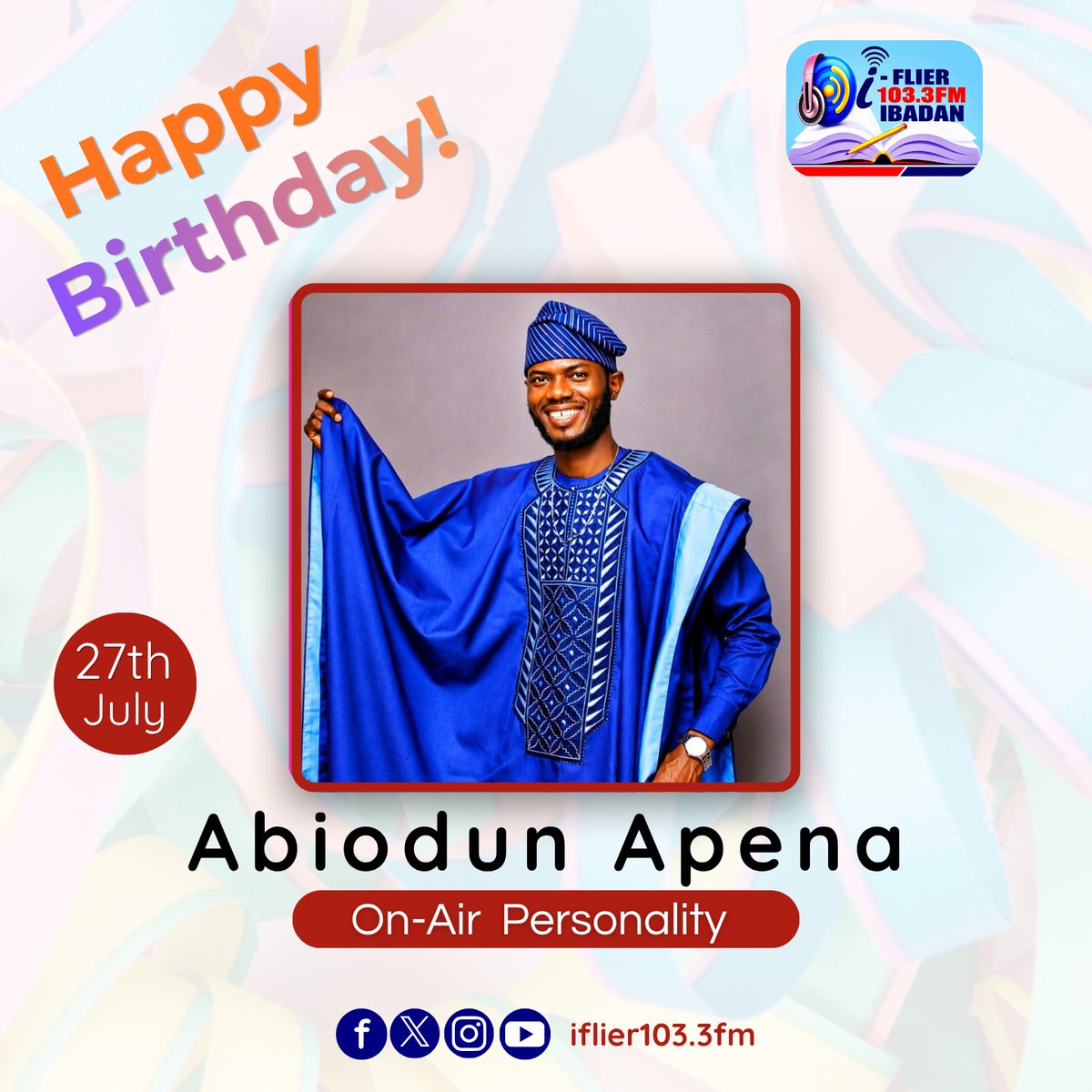 iflierradio's tweet photo. Happy Birthday, Abiodun Apena (@biodunsport )🥳
Wishing you a fantastic year filled with success, good health, and more wins. Keep inspiring and entertaining! 💙📻
— From all of us at I-Flier 103.3 FM Ibadan.
#HappyBirthdayBiodunSport #IFlier1033FM https://t.co/f3LPhqqSZV
