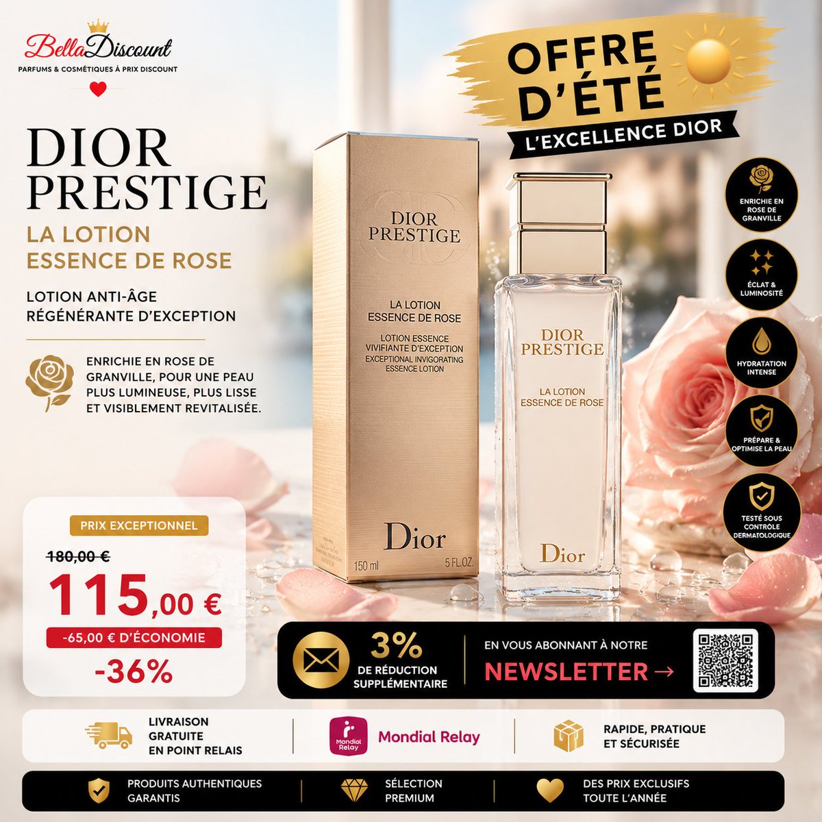 belladiscount's tweet photo. 🌹 Dior Prestige La Lotion Essence de Rose 150 ml incarne tout le savoir-faire de la Maison Dior dans le domaine des soins d'exception. Véritable première étape du rituel Dior Prestige, cette lotion prépare la peau, lui apporte une hydratation intense et contribue à révéler un teint plus lumineux et une sensation de confort durable.

Au cœur de sa formule, la Rose de Granville, fleur emblématique de Dior, inspire une expérience sensorielle luxueuse. Sa texture délicate enveloppe la peau et optimise l'application des soins qui suivent, pour une routine beauté à la fois raffinée et performante.

💥 Offre Belladiscount

💶 115,00 € au lieu de 180,00 €
🎉 Économisez 65,00 €, soit plus de 36 % de remise.

📩 Profitez de 3 % de réduction supplémentaire en vous abonnant à notre newsletter et bénéficiez d'offres exclusives toute l'année sur les plus grandes marques de parfums et de cosmétiques.

🛍️ Découvrez ce soin d'exception :
 https://t.co/gbFle3BP7Y

✅ Produits 100 % authentiques
🚚 Livraison rapide
📦 Livraison gratuite en Point Relais
🔒 Paiement sécurisé

#Belladiscount #DiorPrestige #DiorBeauty #LuxurySkincare #RoseDeGranville #SoinVisage #AntiAge #Beauté #Cosmétiques #GlowSkin
