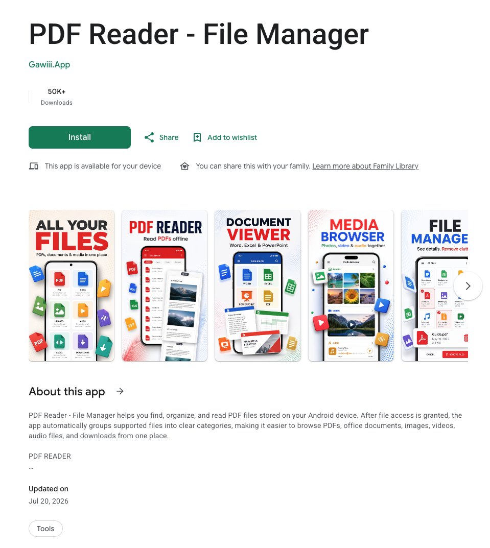 Nethanella's tweet photo. New #Downloader in @GooglePlay🤦♀️ https://t.co/pdqa4bLJw1
Has 50K+ downloads😱
It's NOT FileManager|PDFReader It's malicious downloader for #Banker #ReBot aka #Anatsa #TeaBot #Toddler
Uninstall ASAP and don't let it install any "updates"
FYI @malwrhunterteam @androidmalware2 https://t.co/cVN03ZFKdg