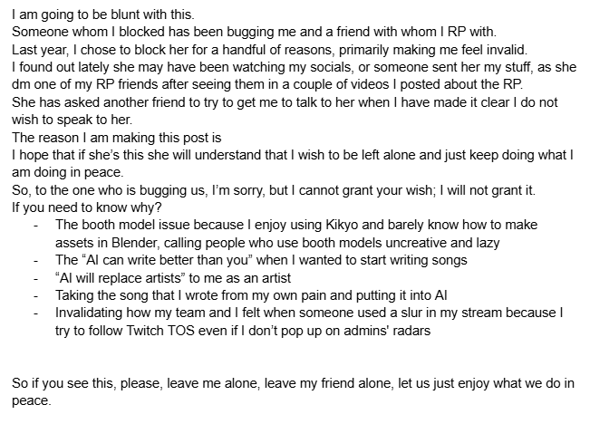 Nebulanfox's tweet photo. A post I didn't think I would need to make. For the person who is either lurking around my socials or the person giving it to her, please just leave me alone. https://t.co/AceAFZ7ZoM