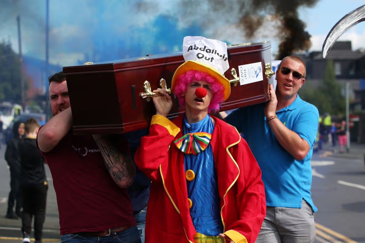_ransong_'s tweet photo. For Sale: 1 x coffin, comes with a free clown suit included. As seen on national media including BBC &amp; Sky Sports News during hugely successful #oafc fans protest. Special discount availabile for #YCFC fans. https://t.co/9dDwgtOD3j